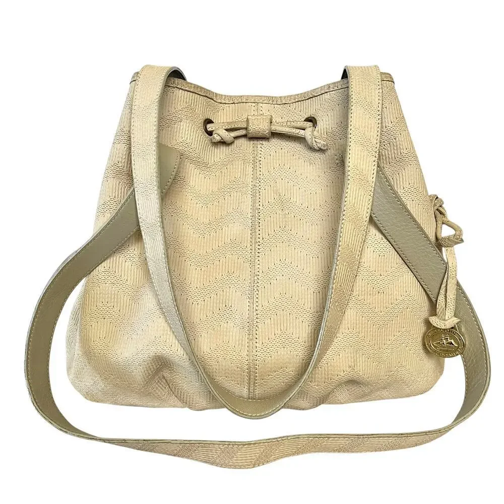 Brahmin 1980s Vintage Early Old Stock Chevron Embossed Cream Leather Bucket Bag